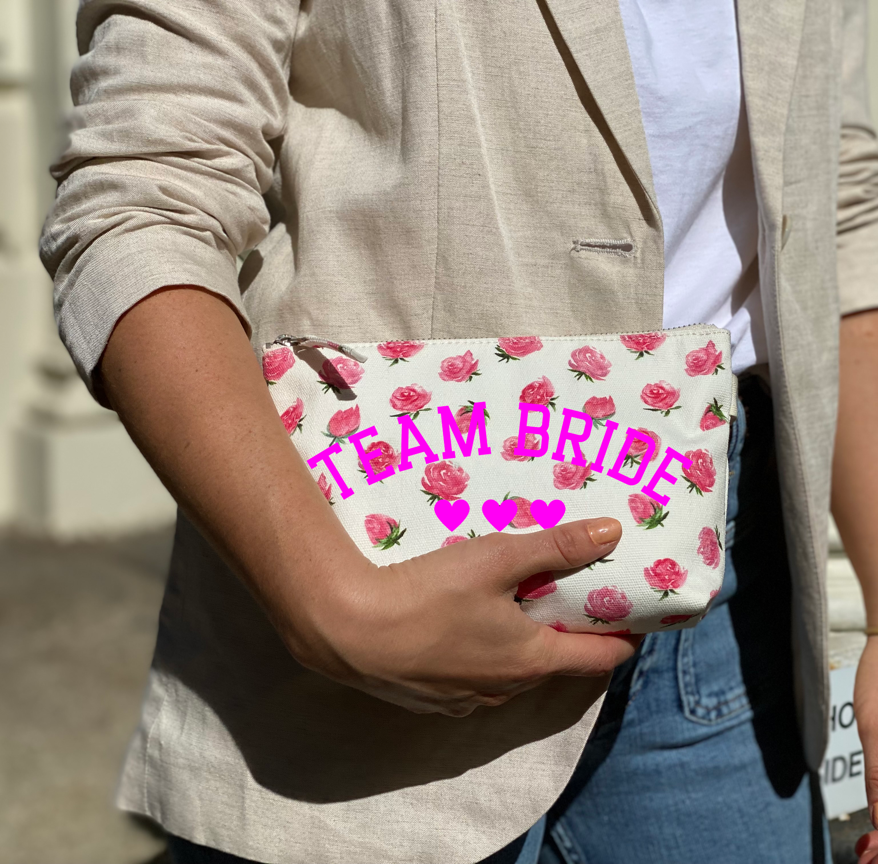 White Floral Makeup Bag Neon Pink Team Bride - Quilted Koala