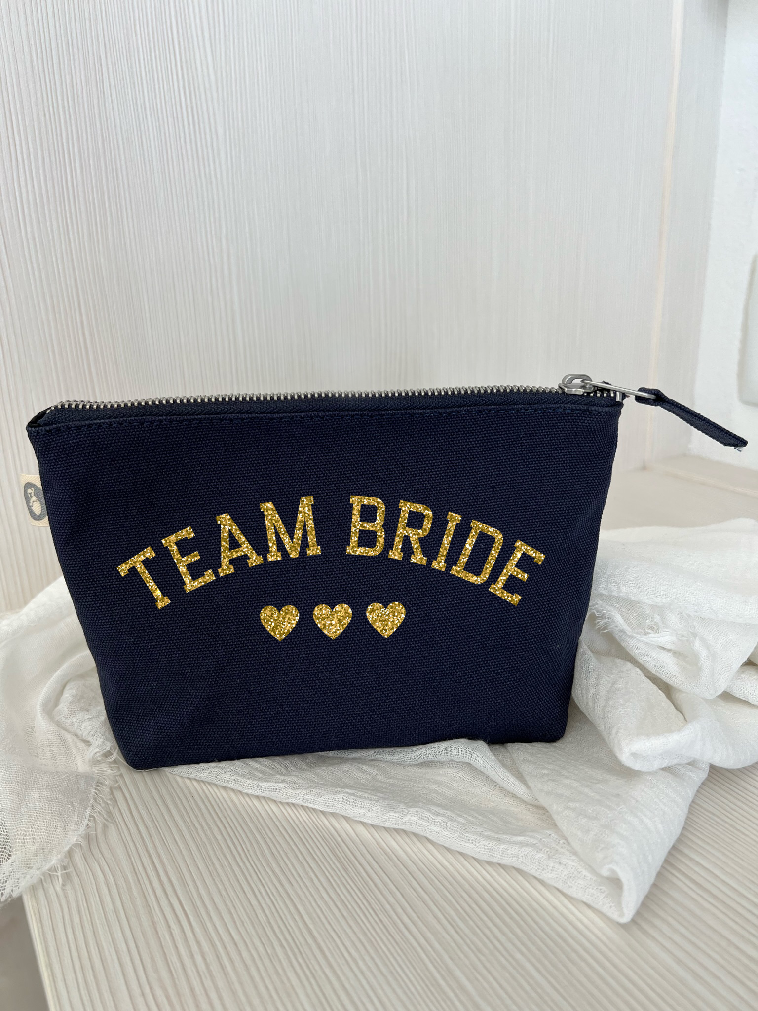 Navy Makeup Bag Gold Glitter Team Bride - Quilted Koala